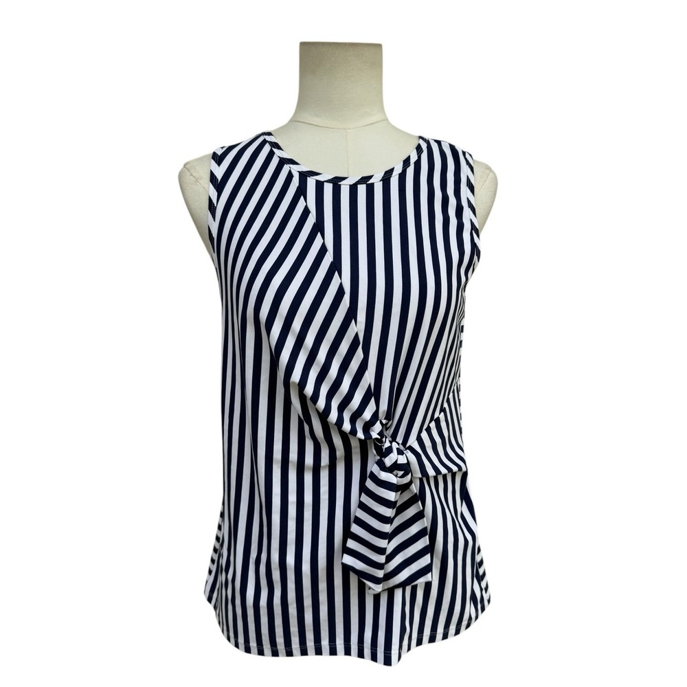 J. McLaughlin Women L Navy White Striped Tie Front Sleeveless Stretch Top